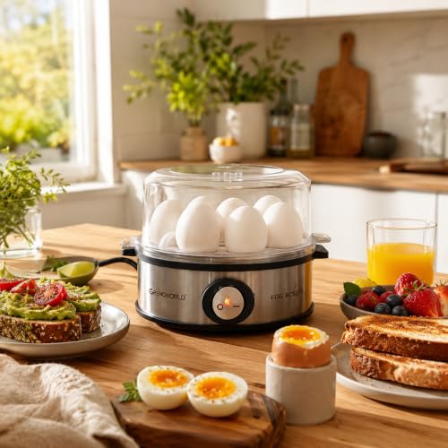 Image of Egg Boiler | Premium Stainless Steel Body | 7 Egg Capacity | 360W Fast Boiling | Steaming Bowl Included | Food Grade Transparent Lid | Electric Egg Cooker with Tray | 1 Year Warranty