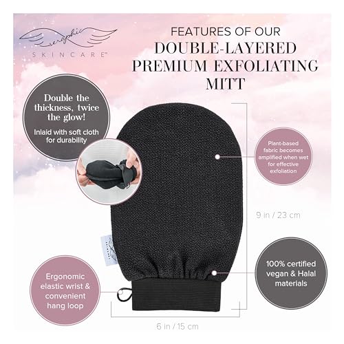 Seraphic Skincare Double-Layered Premium Exfoliating Mitt – 100% Vegan Viscose – Traditional Korean Exfoliating Glove Kessa Lined with Soft Washcloth – Self-Tan Remover, Body Scrubber & Shower Loofah
