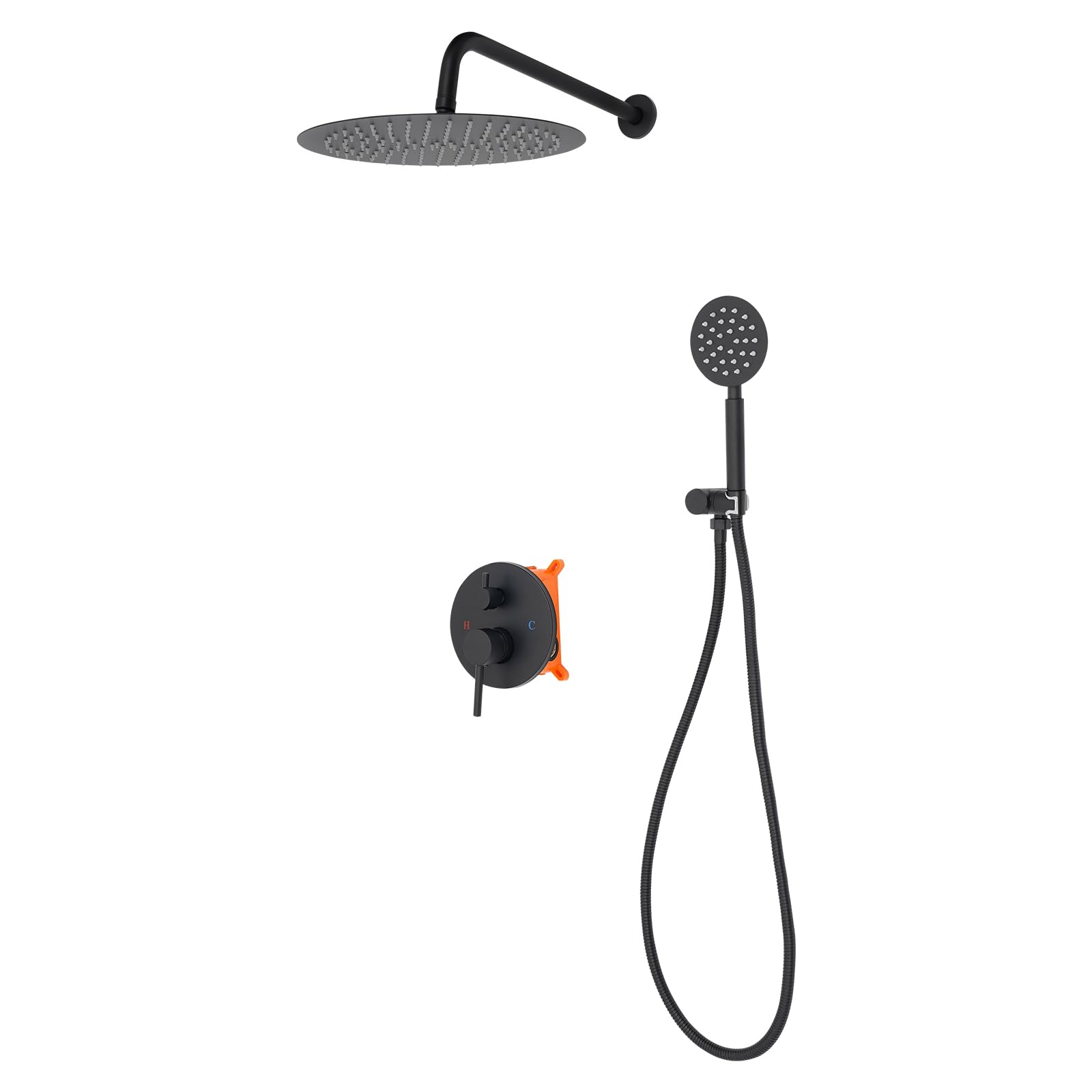 Sistema doccia, rubinetto doccia, doccia a pioggia, 30 cm, nero, montaggio | Doccia a pioggia da 30 cm, braccio doccia da 40 cm, doccetta, tubo, montaggio a parete, ottone/acciaio inox, nero