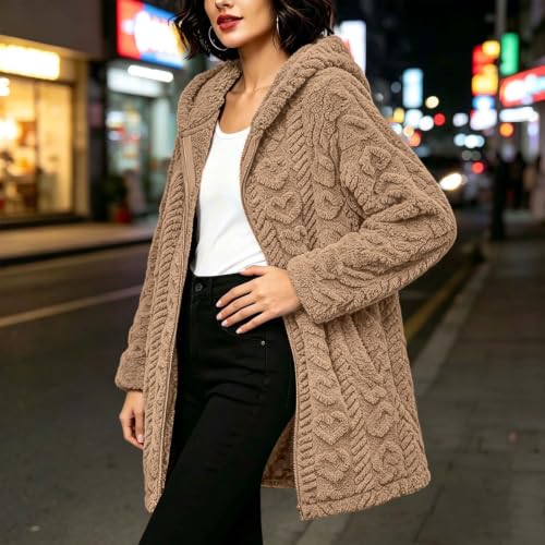 Womens Hooded Sherpa Cardigan Jacket Zip Up Jacquard Textured Long Coat - image 6