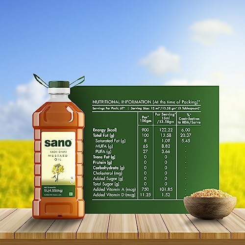 Image of Sano Pure and Aromatic Kachi Ghani Mustard Oil - 5 Litre + 1 Litre Pack Pet Bottle | 100% Natural, Ideal for Cooking, Pickling, and Health Benefits | Mustard Oil