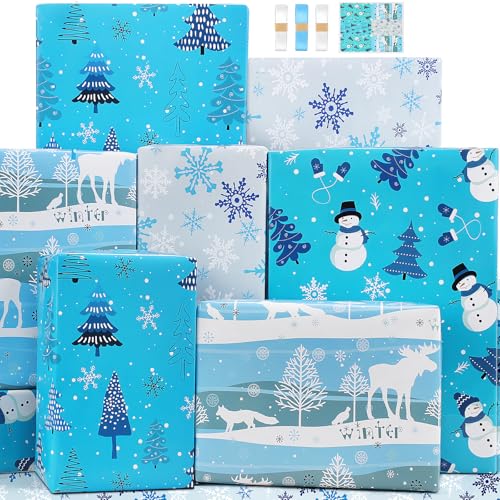 Wrapping Paper Boys Christmas Wrapping Paper Sheets for Holiday Present,Blue White Winter Xmas Gift Wrap Paper Set for Kids Toddler Men Children Gift Wrapper Christmas with Gift Tag Ribbion