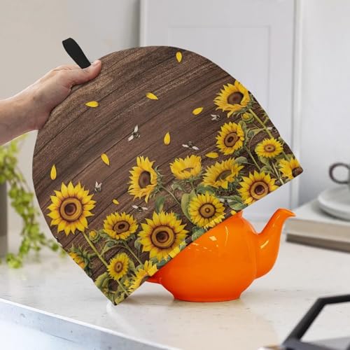 Image of Tea Pots Cozy Large Tea Pot Cozies Kettle Quilt Dust Cover Insulated Warming Teapot Dust Cover for English Tea Sets Home Kitchen Decorative Accessories, Sunflower Brown Wood Grain