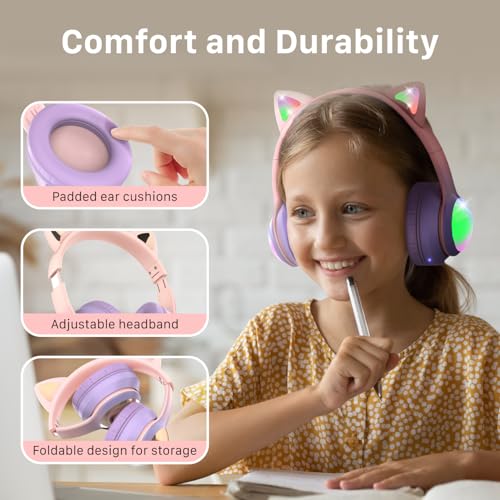 FosPower Kids Bluetooth 5.2 Headphones with LED Cat Ears (85/94dB Safe Volume Limit) Foldable Wireless or Wired Headset with 100hr Play Time and 3.5mm Cable for School/Travel - Light Pink/Light Purple by FosPower - Image 5