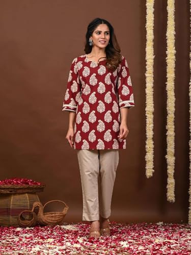 Image of Rimeline Women's Floral Printed Cotton Kurti Top | Round Notch Neck 3 /4 Sleeve Straight Fit Casual Tunic