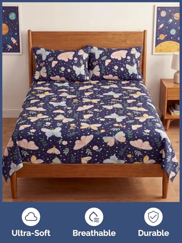 Image of Kids Full Size Moonlit Butterflies Bed Sheets - 4 Piece Kids Sheet Set | Moonlit Butterflies Themed Bedding, Ultra-Soft, Cute & Cozy, Breathable & Machine Washable, Bed Set for Boys, Girls & Teens