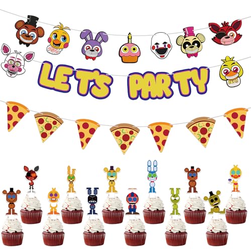 Image of HOMEZZO Five Nights Game Party Decorations, Let's Party Banner and 24 Pcs Cupcake Toppers for Halloween and Game Party