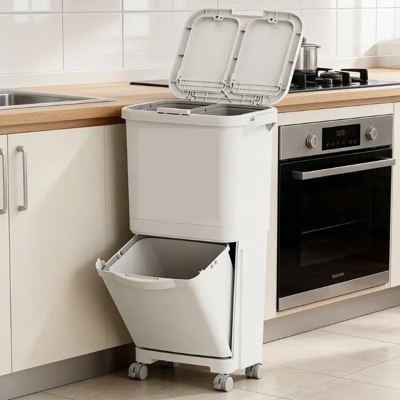 Secchio for La Raccolta Differenziata Dei Rifiuti Con Doppio Scomparto Ruote, for Spazzatura for Il Riciclaggio Della Cucina Separato, Asciutto, Bagnato, Verticale per rifiuti