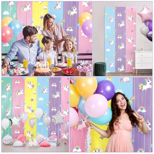 Image of Tiamon 2 Pack Unicorn Party Decorations 3.3 x 6.6 Ft Foil Fringe Curtains Pastel Rainbow Magical Horse Birthday Backdrop Tinsel Streamers Photo Booth for Unicorn Baby Shower Birthday Party Supplies