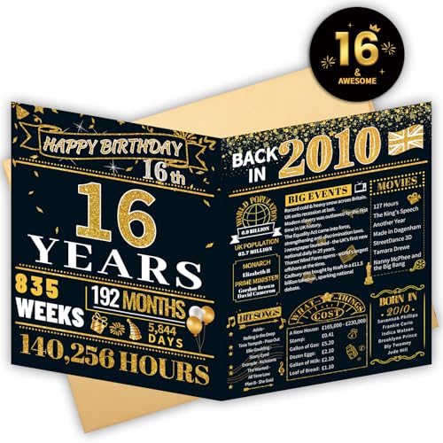 HOMANGA 16th Birthday Card, 16th Birthday Gifts for Boys Girls, Jumbo Back in 2010 Card & 16 Badge with Envelope for Daughter, Son, Him, Her, 16 Bday Decorations, Black Gold, 20x25cm