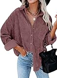 Astylish Womens Corduroy Jacket Button Down V Neck Long Sleeve Blouse Roll Up Cuffed Tops with Pockets Dark Pink Small