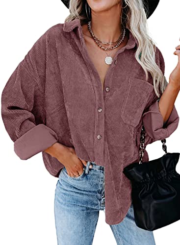 Dokotoo Womens Tops 2026 Fall Fashion V Neck Long Sleeve Button Down Corduroy Shirts for Women Casual Loose Solid Jacket Tops Outwear Shacket with Pockets Dark Pink L