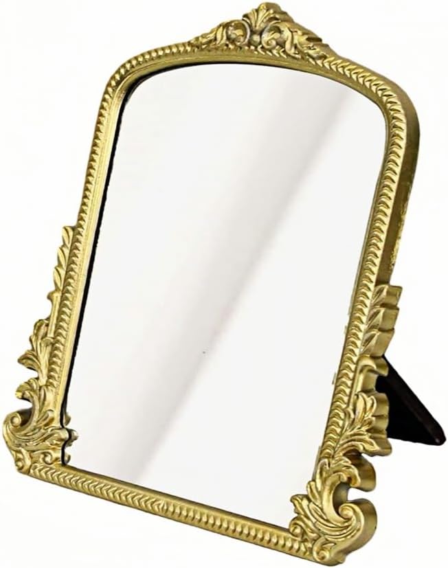 TenFuju Champagne Gold Vintage Baroque Vanity Mirror, Small Arched Tabletop Makeup Mirror, Free Standing Mirror for Dresser, Bedroom, Living Room, 11.8" x 9.6"