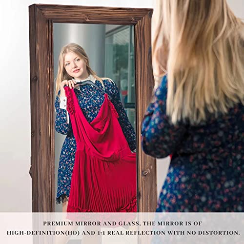 Image of NeuType 65 inchx22 inch Full Length Mirror Floor Mirror with Standing Holder Solid Wood Frame Large Bedroom Mirror Wall Mounted Mirror Hanging or Leaning Against Wall, Brown