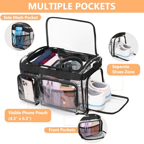 YARWO Large Clear Gym Bag with Shoes Compartment, Stadium Approved PVC Duffle Bag with Multiple Pockets and Shoulder Strap, Waterproof Carry On Tote for Travel, Sports, Overnight, School, Work4