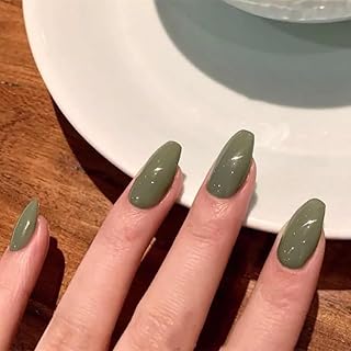 Press on Nails Medium,Ballet Fake Nails Solid Color Full Cover False Nails with Designs Olive Green Glossy Glue on Nails Artificial Acrylic Stick on Nails for Women Girls 24 Pcs