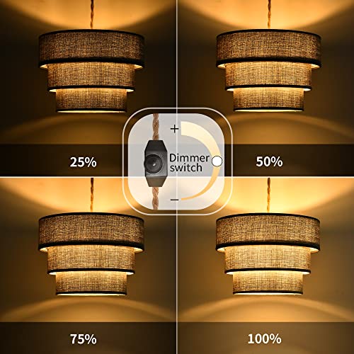 Xininsun 3-Tier Plug In Pendant Light, Hanging Light With 15Ft Hemp Rope Cord, Dimmable Switch, Gray Linen Shade, Hanging Light Fixture For Living Room, Bedroom, Dining Room, 2Pack（Gray） #TOP4