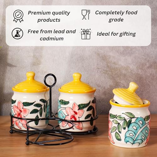 Image of Niyara Handcrafted Ceramic Pickle Jar Set, Premium Metal Tray & Lids - Multipurpose Storage for Pickles, Chutneys, Spices & Condiments (Set of 3 with metal tray, 300 ml, flower design)