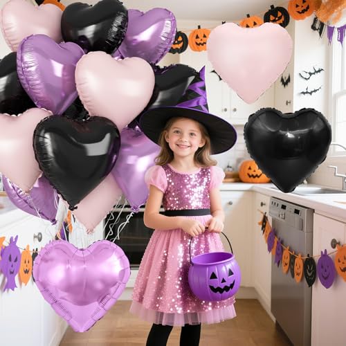 Purple Pink Black Heart Balloons, 18 Inch Baby Pink and Purple Black Heart Foil Shape Balloon, 12PCS Large Love Helium Balloons for Halloween Birthday Bridal Shower Wedding Anniversary Party Decor — view 5