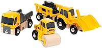 BRIO 33658 Construction Vehicles Wooden Toy Set - Tipper Truck, Steam Roller, Loader Wagon | Educational Kids Play