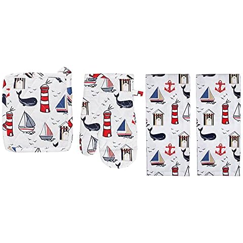 fillURbasket Nautical Kitchen Towels Set Fish Dish Towels Coastal Tea Towels Oven Mitt and Pot Holder Set of 4 for Cooking, Baking, and Decoration (Sailboats) Cover