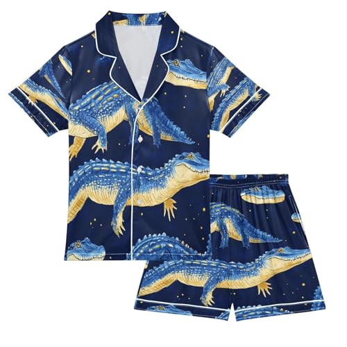 Satin Pajama Sets Short Sleeve Blue Crocodile Pattern Print Button Down Silky Nightwear 2 Piece PJS 5-14Y
