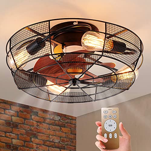 Low Profile Ceiling Fan with Light Remote Control, 20 inches 6 Speeds Enclosed Bladeless Ceiling Fan, Caged Bladeless Ceiling Fan with Light for Bedroom Kitchen