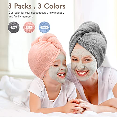 BEoffer 3 Pack Microfiber Hair Towel Wrap Super Absorbent Twist Turban for Women Fast Drying Hair Caps with Buttons for Drying Curly, Long & Thick Hair Anti Frizz(Gray+Pink+Blue) BEoffer 3 Pack Microfiber Hair Towel Wrap Super Absorbent Twist Turban for Women Fast Drying Hair Caps with Buttons for Drying Curly, Long & Thick Hair Anti Frizz(Gray+Pink+Blue)