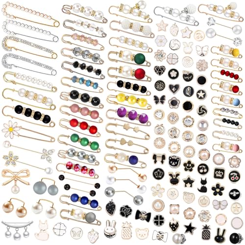 145 Pcs Brooch Pins, Sweater Shawl Hat Clip Neckline Pins Double Faux Pearl Brooches for Women Fashion Cover Up Buttons Clothing Dress Decoration Accessories Pant Waist Tightener Safety Pins