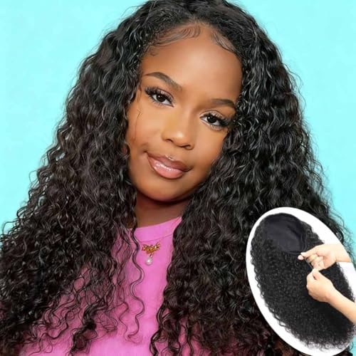 Image of Srakuw Half Wig Human Hair 200 Density Water Wave Wear Go Glueless Wigs Human Hair with Drawstring 3 In 1 Half Wigs for Women Invisible Hairline Beginner Friendly (Half Wig Black Color, 24 Inch)