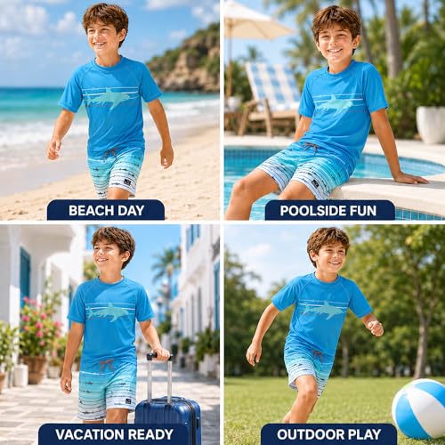 Image of Big Chill Boys Swim Set - 2 Piece Quick Dry UPF 50 Short Sleeve Rash Guard for Boys and Swim Trunks - Swimwear Set for Kids