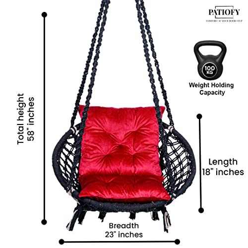 Patiofy Round Cotton Home Swing For Adults&Kids/Hanging Jhula For Balcony,Indoor,Outdoor/Weight Capacity 100Kgs/Includes Hanging Kit&Red L Cushion/Handmade Wooden Swing For Living Room(Black),46 Cm