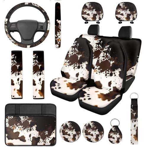 DBBXHZJY 14 Pcs Cow Print Car Seat Covers Brown with Steering Wheel Cover Armrest Cushion Seat Belt Covers Cup Holder with Keychain Brown Cow Auto Interior Protector Set Universal Fit Cars SUV Trucks