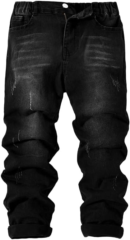 Nivne Tco Tween Boys Black Jeans Dark Wash Frayed Cut Out Design Trousers Elasticity Skinny Denim Pants with Zipper Fly