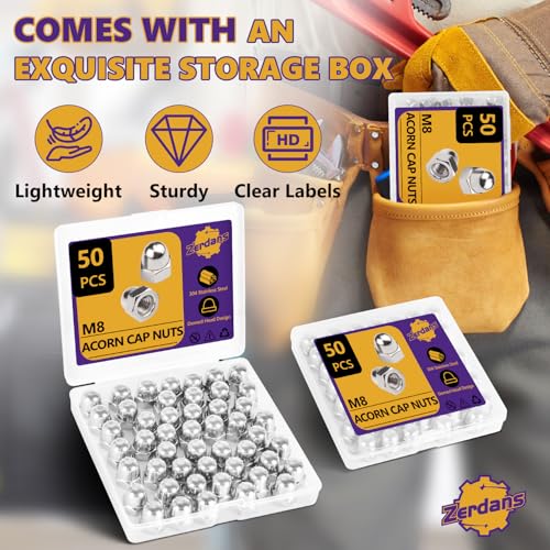 50 Stück Hutmuttern M8 Edelstahl, M8 Muttern DIN1587 Sechskant-Hutmuttern A2 V2A Edelstahl Kappenmuttern Hohe Form Set für Schrauben, Gewindestangen & Gewindebolzen