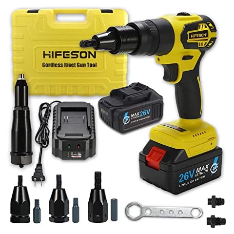 HIFESON Cordless Rivet Gun Tool, 26V Electric Automatic Rivet & Rivet nut Two Functions Professional Kit with 2pcs Battery & Charger (3/16", 5/32", 1/8" for Rivet),(1/4",5/16",3/8" for Rivet nut) Cover