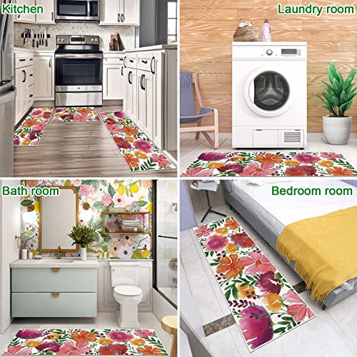 Ileading Kitchen Rugs Sets 3 Piece, Farmhouse Non Skid Kitchen Floor Mats Machine Washable Standing Mat, Summer Sunshine Floral Decor Carpet For Dining Room Sink Hallway (Pink) #TOP7