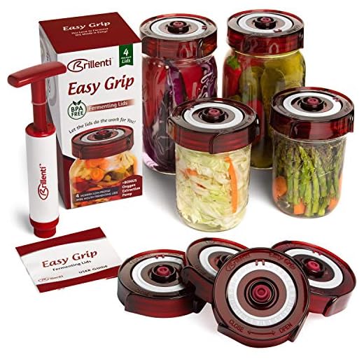 Fermenting Lids for wide mouth mason jars. 4 waterless airlock fermentation lids kit. Easy Grip fermenter lid with Oxygen Pump automatically Vents air. Tracks ferment date. (4 Lids + Pump)