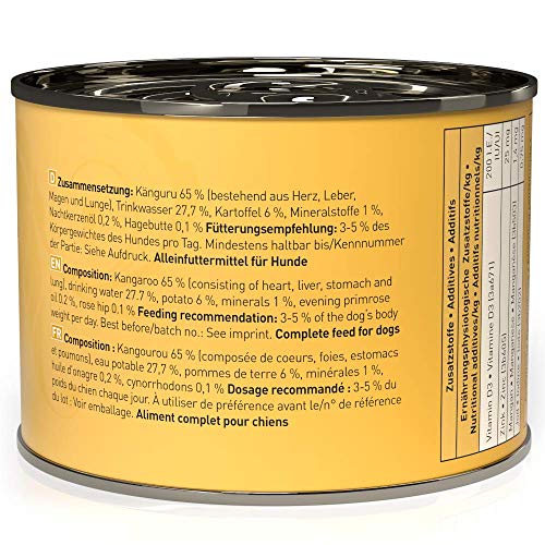 dogz finefood Hundefutter nass - N° 6 Känguru - Feinkost Nassfutter für Hunde & Welpen - getreidefrei & zuckerfrei - hoher Fleischanteil, 6 x 200 g Dose