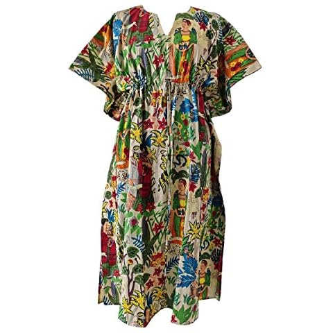 Rajbhoomi Indian Cotton Printed Long Kaftan Dress Printed Women Caftan, Beige, XXX-Large Cover