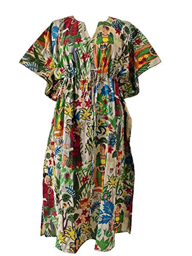 Rajbhoomi Bedrucktes langes Kaftan-Kleid aus indischer Baumwolle für Frauen - Beige - 3X-Groß Cover