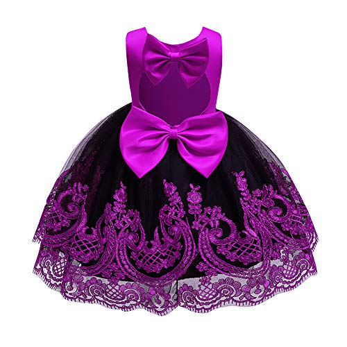 Lace Flower Girl Bowknot Tutu Dress for Kids Baby Christening Baptism Communion Birthday Party Formal Dress Toddler Princess Pageant Wedding Bridesmaid Cutout Back Tulle Dress Purple + Black 4-5 Years