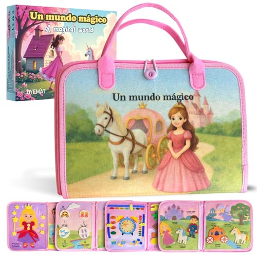 OYEMAT Busy Board Montessori Principesse e Fantasy Spagnolo/Inglese - Giocattolo Sensoriale Bambino - Libro Montessori 3 Anni di Feltro - Tavola Montessori Educativo con Attività Motorie Fine