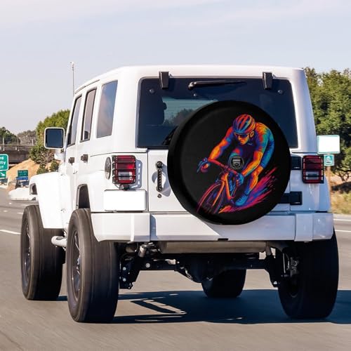 Image of Montain Bycicle Rider Bike Spare Tire Cover with Backup Camera Hole Wheel Tire Cover Fit Trailer, RV, SUV and Many Vehicle 18inch