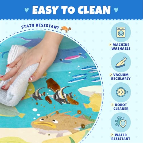 Image of 5x7 Ocean Rug for Kids Room - Large Area Rug with Beach Wave Whale & Mermaid, Washable Non Slip Learning Carpet for Toddlers, Bedroom or Playroom Decor