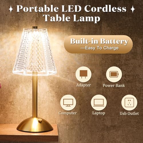 Image of Liliful 2 Pcs Cordless Table Lamp Rechargeable Touch LED Small Gold Portable Battery Operated USB-c Desk Lamp 3 Color Dimmable for Bedroom Living Room Dining (Gold,Hexagonal Diamond Style)