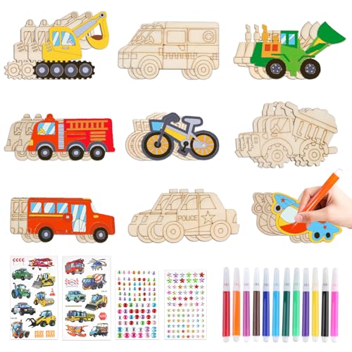Moosono 40 Stück Auto Holz Bastelset, Bastelset Kindergeburtstag für Mädchen Jungen ab 3 4 5 6 7 8 Jahre Automobil Basteln für Kinder Holz zum Basteln mit Aquarellstift, Strasssteine, Aufkleber