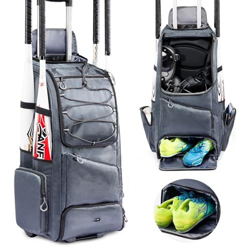 SPORJET Rolling Baseball Bag with Wheels 60L Youth Baseball Equipment Bag Holds 4 Bats Wheeled Baseball Bag with Shoe Compartment & Fence Hook Rolling Softball Bag for Boys & Girls 8-