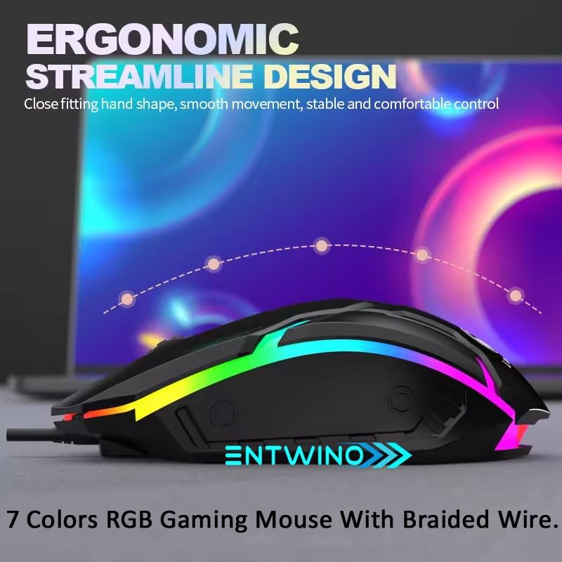 Image of ENTWINO USB Wired Gaming Mouse A1 Black, LED Backlight up to 1800 DPI, Ergonomic Design for Laptops and pc