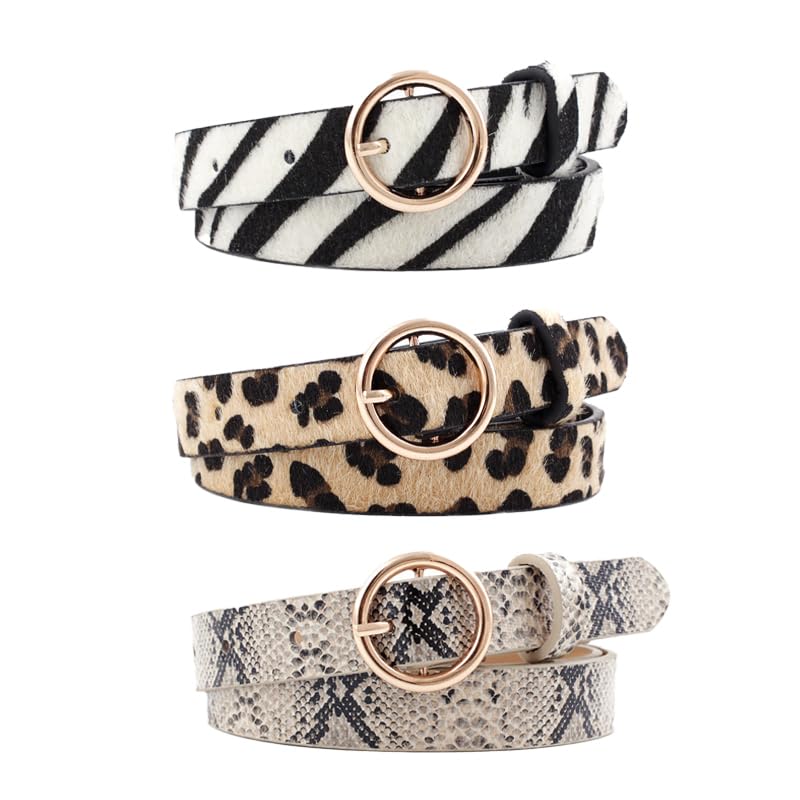 COTIM COYIN 3 Pack Women's Leopard Print Skinny Faux Leather Belt with Gold Alloy Buckle for Jeans Dress Pants